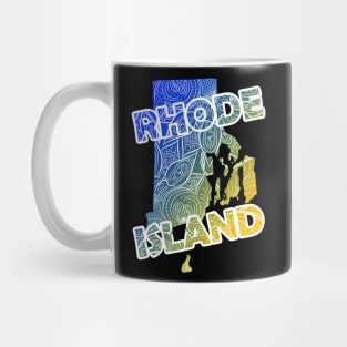 Colorful mandala art map of Rhode Island with text in blue and yellow Mug